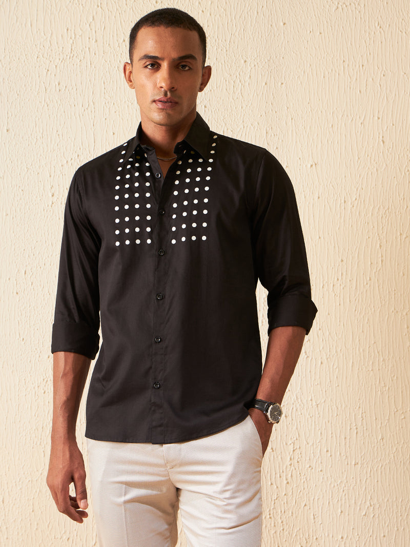 Black: Full Sleeves Polka Dot Printed Party Shirt