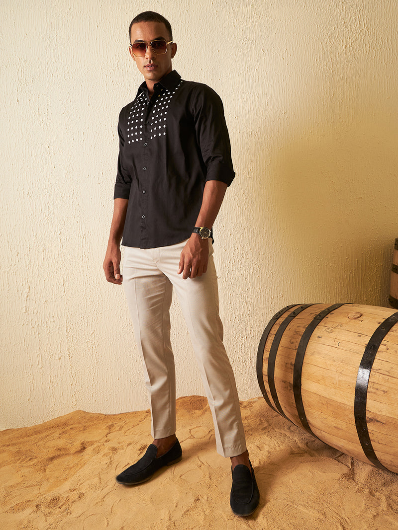 Black: Full Sleeves Polka Dot Printed Party Shirt