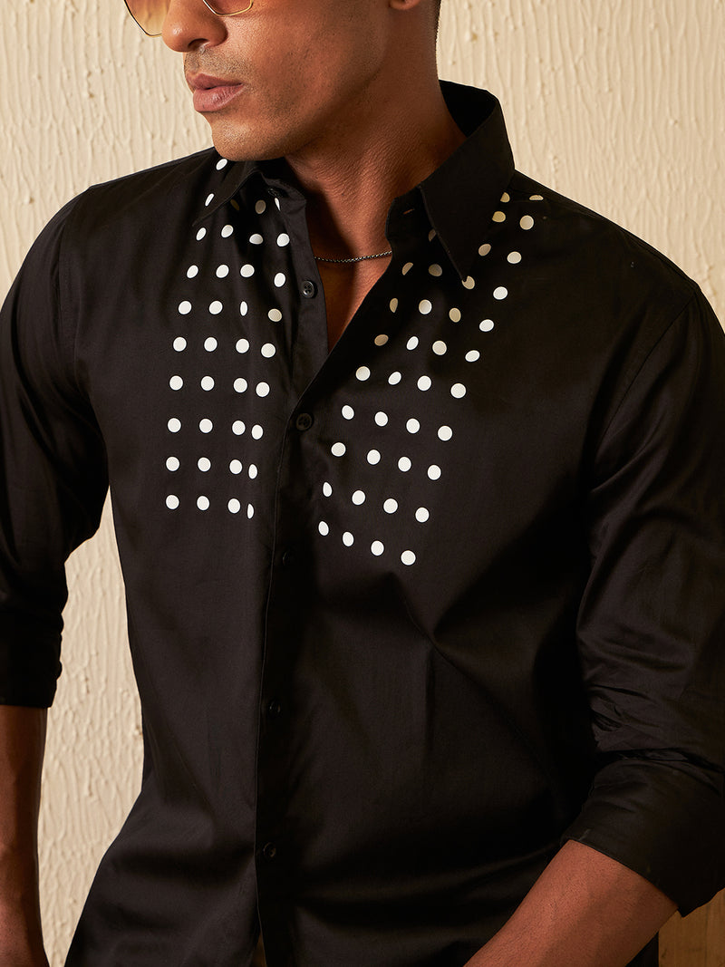 Black: Full Sleeves Polka Dot Printed Party Shirt