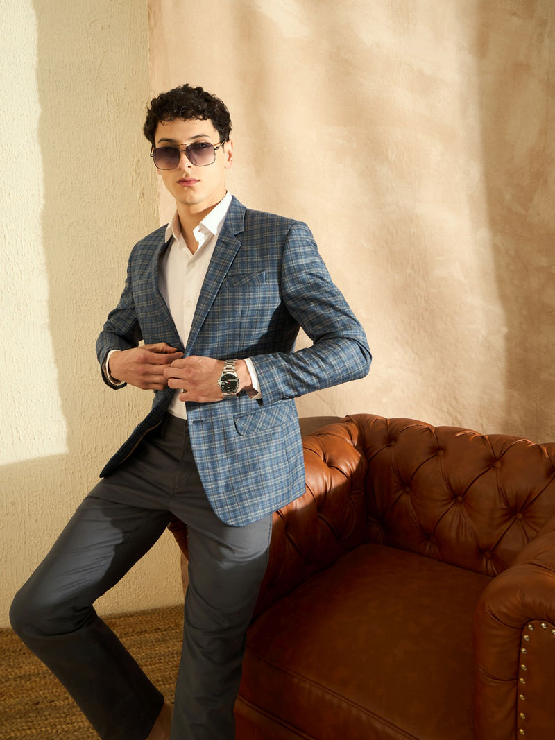 DENNISON Men Denim Blue Checked Single Breasted Blazer