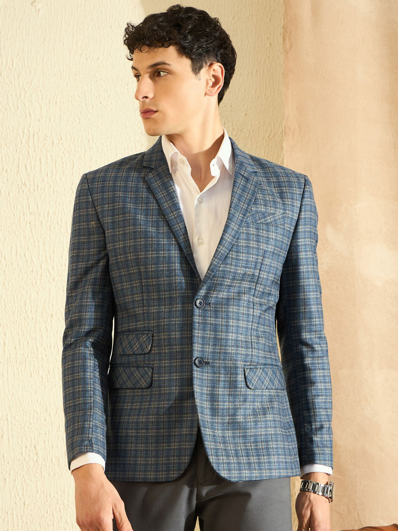 DENNISON Men Denim Blue Checked Single Breasted Blazer