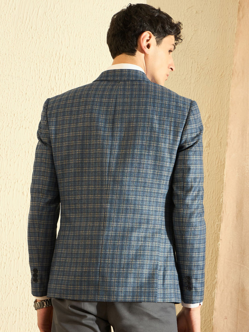 DENNISON Men Denim Blue Checked Single Breasted Blazer
