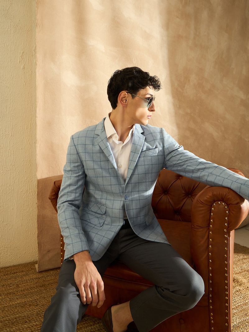 DENNISON Men Light Blue Checked Single Breasted Blazer