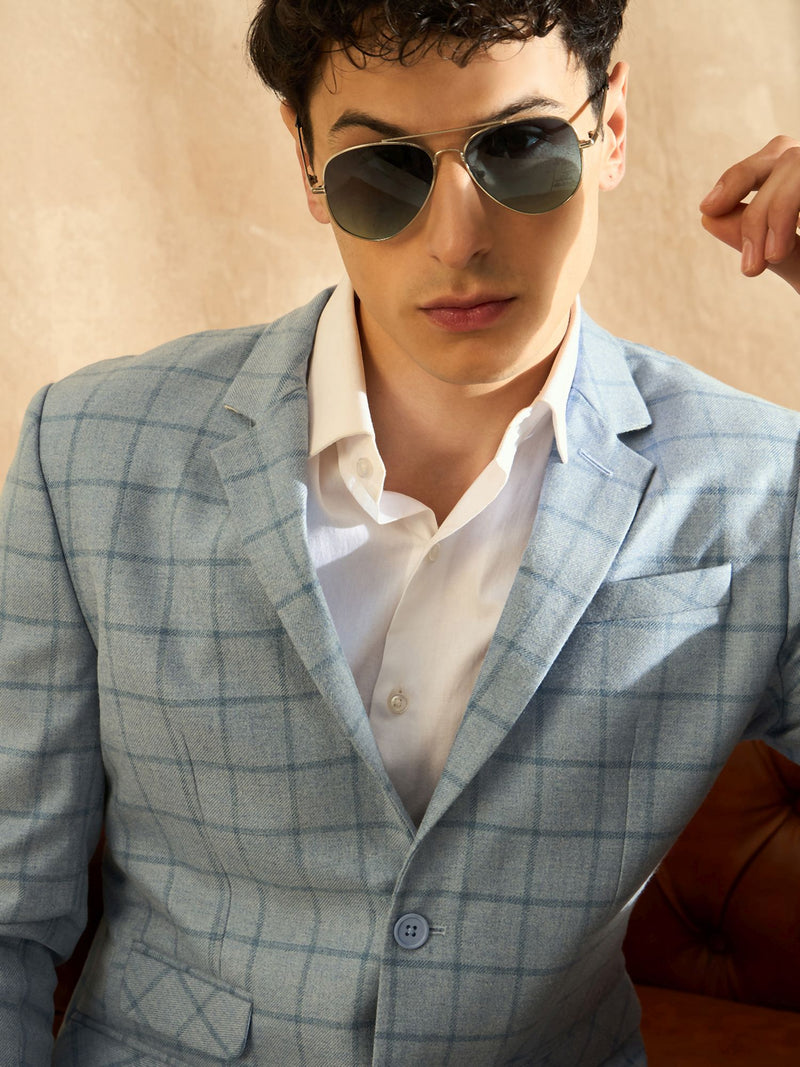 DENNISON Men Light Blue Checked Single Breasted Blazer