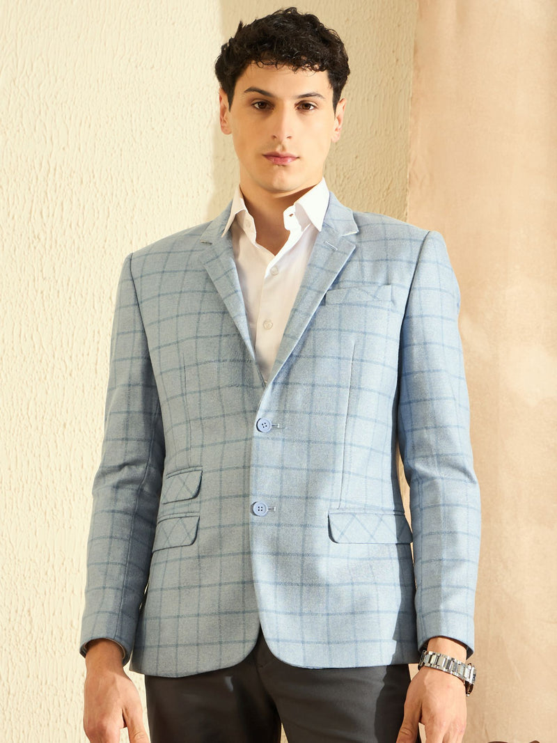 DENNISON Men Light Blue Checked Single Breasted Blazer