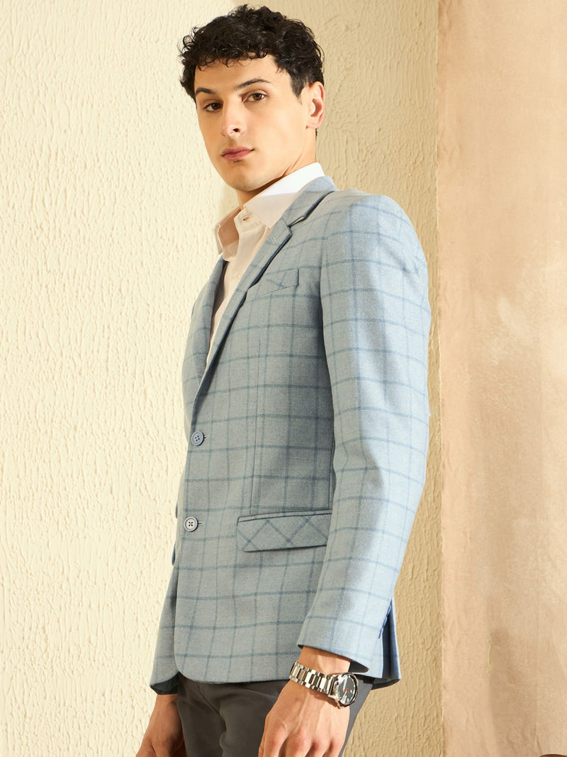 DENNISON Men Light Blue Checked Single Breasted Blazer