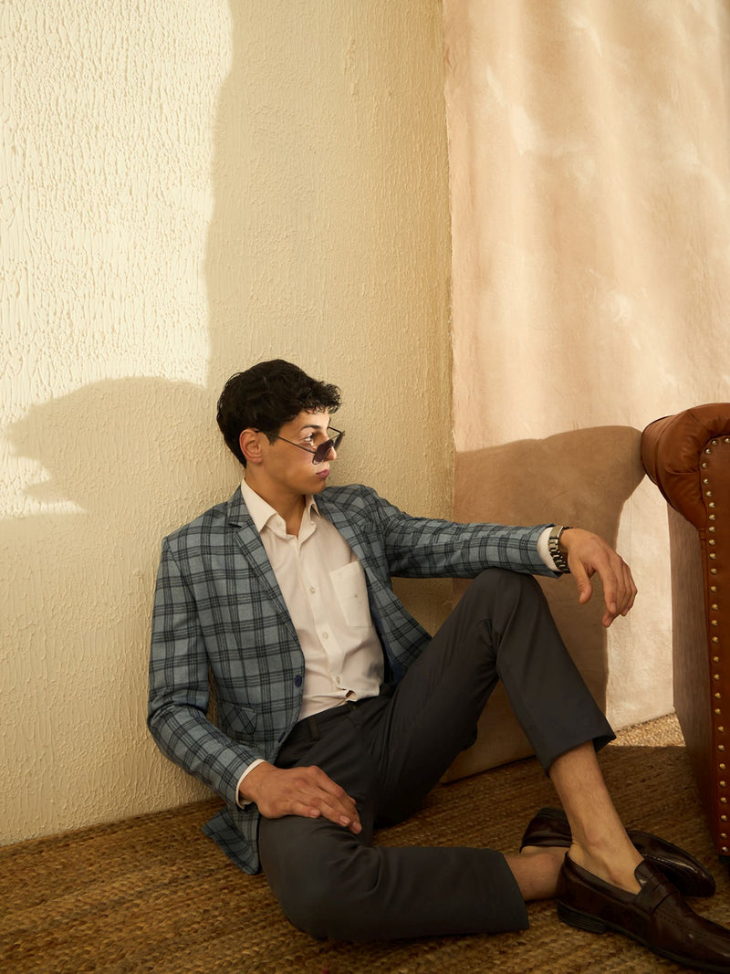 DENNISON Men Light Blue Checked Single Breasted Blazer
