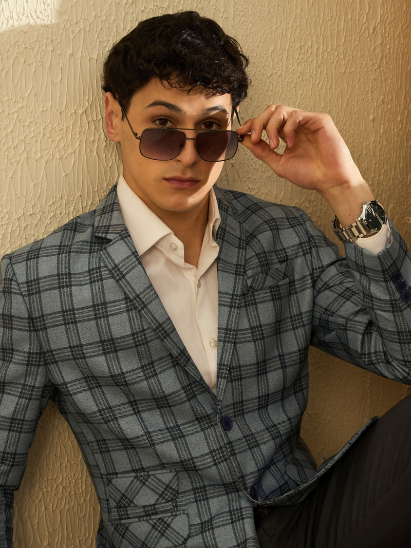 DENNISON Men Light Blue Checked Single Breasted Blazer