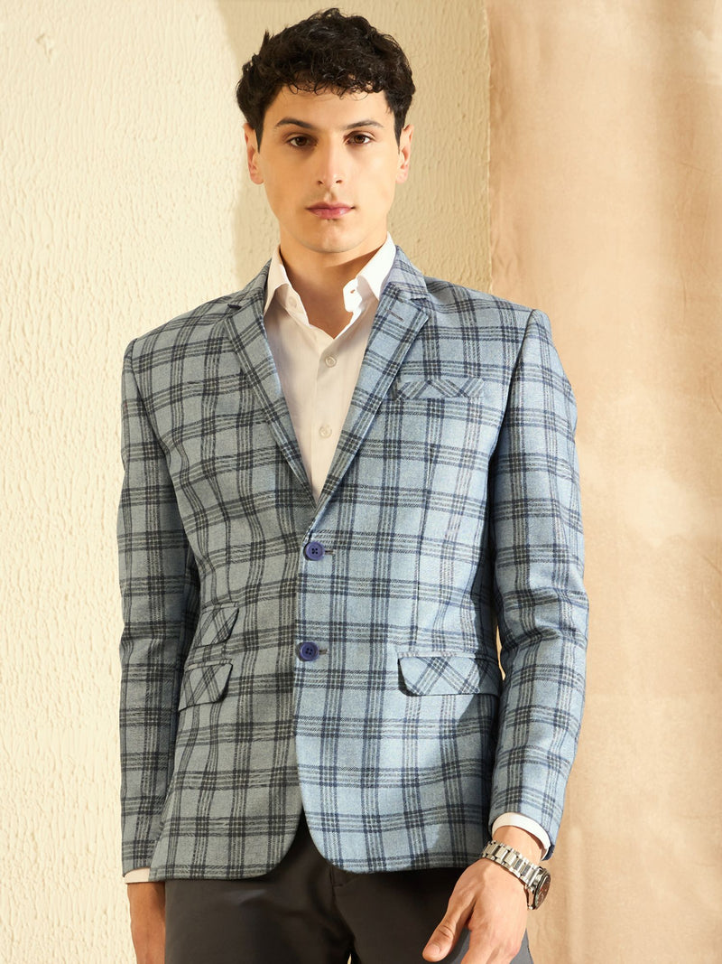 DENNISON Men Light Blue Checked Single Breasted Blazer