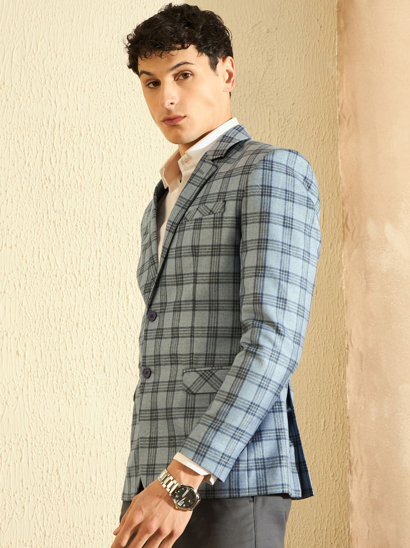 DENNISON Men Light Blue Checked Single Breasted Blazer