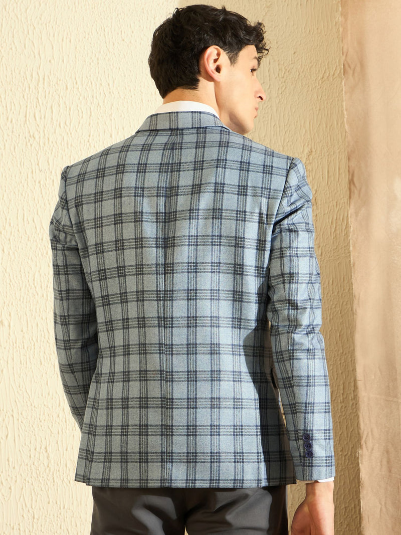 DENNISON Men Light Blue Checked Single Breasted Blazer