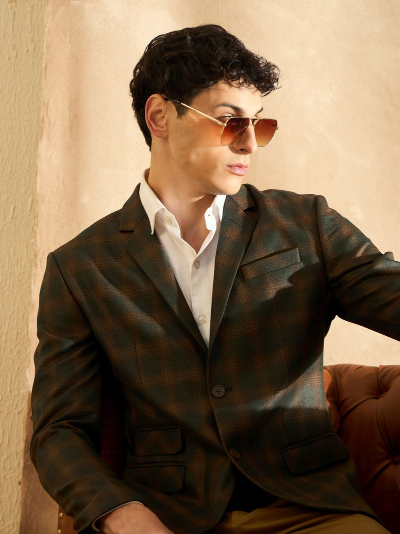 DENNISON Men Green Checked Single Breasted Blazer