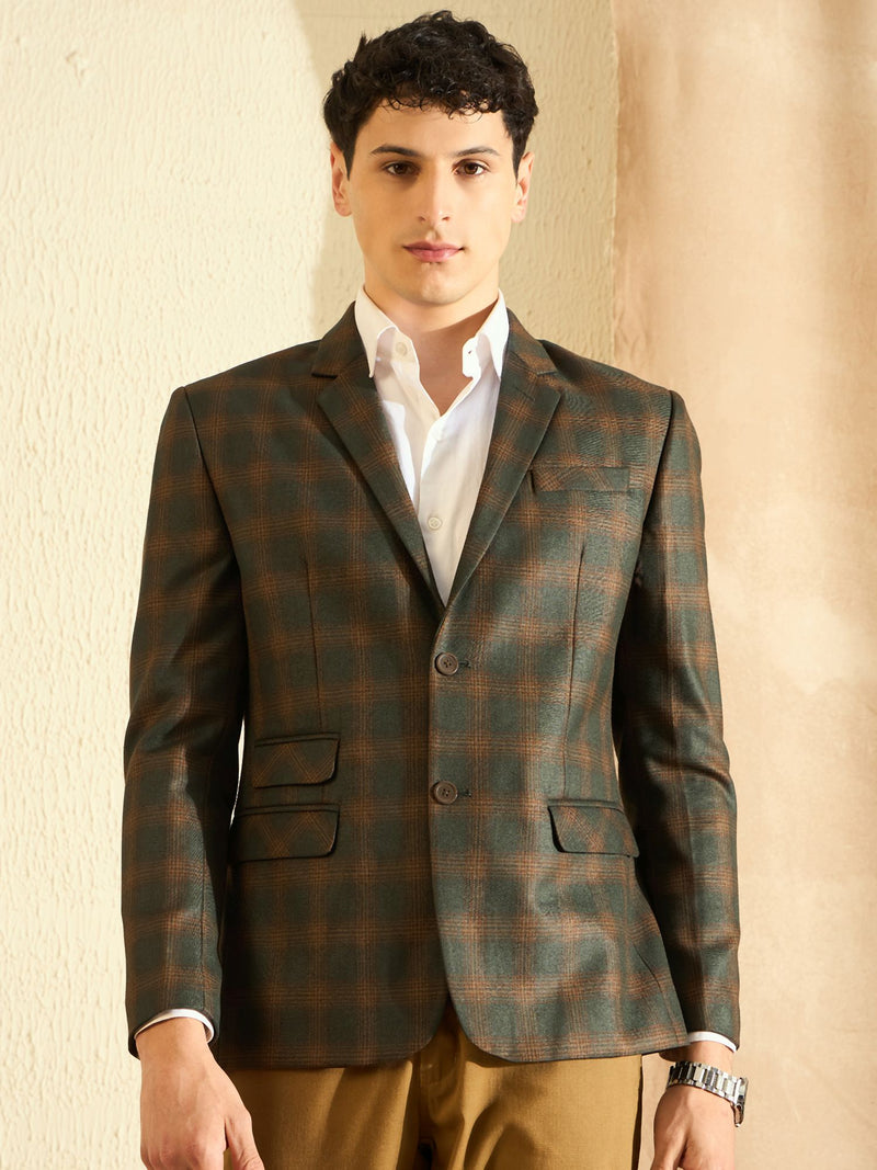 DENNISON Men Green Checked Single Breasted Blazer