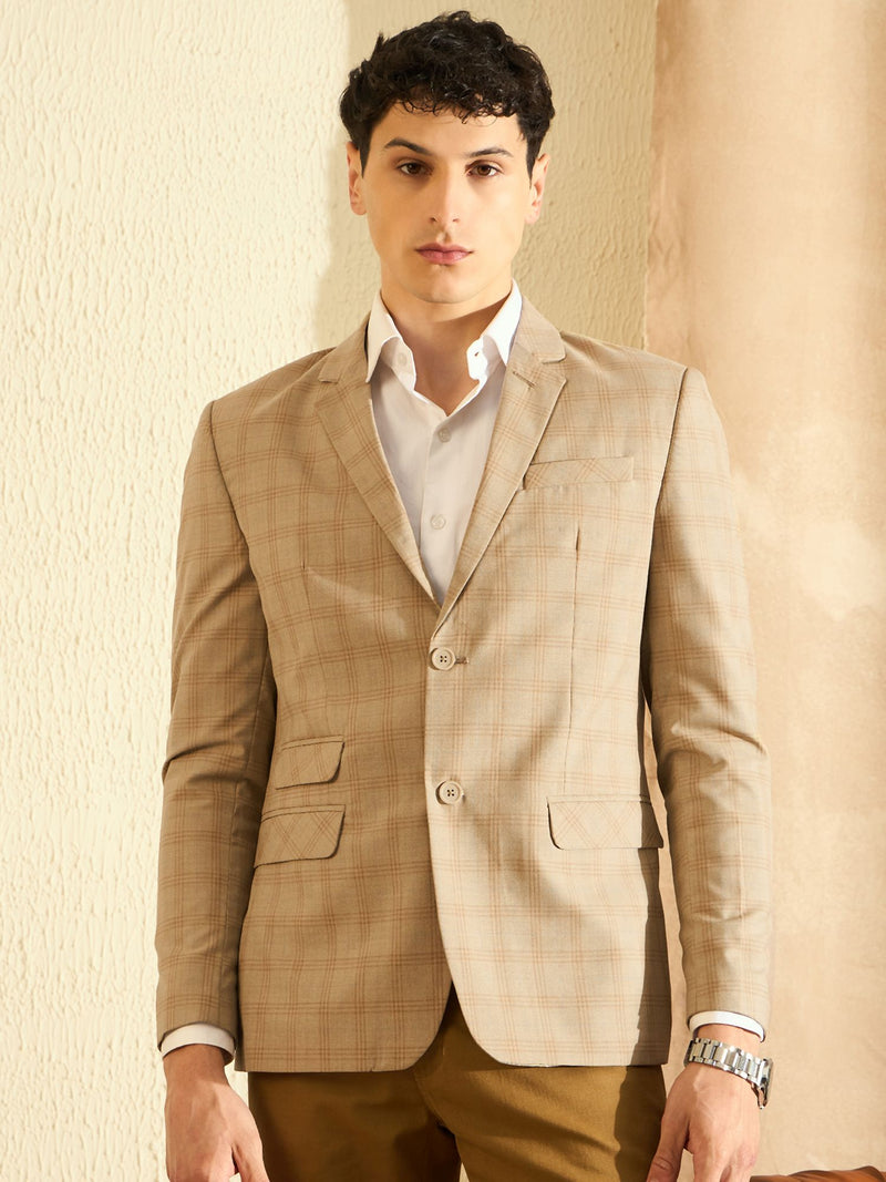 DENNISON Men Beige Checked Single Breasted Blazer