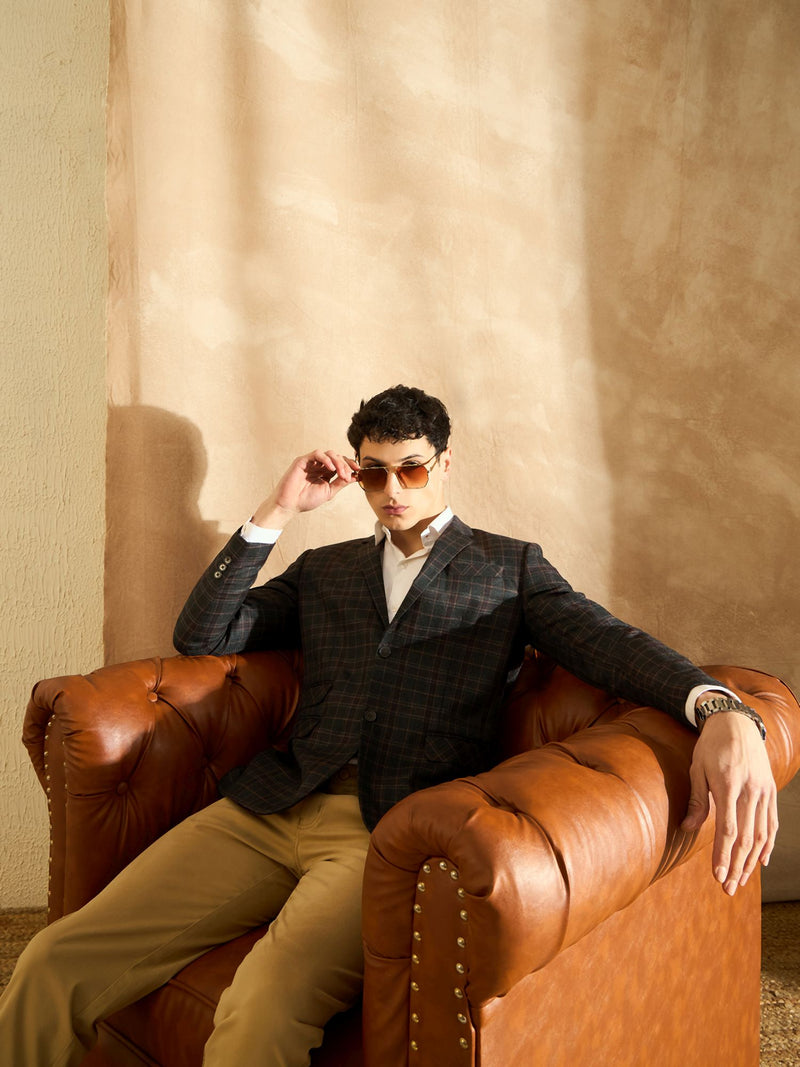 DENNISON Men Black Checked Single Breasted Blazer