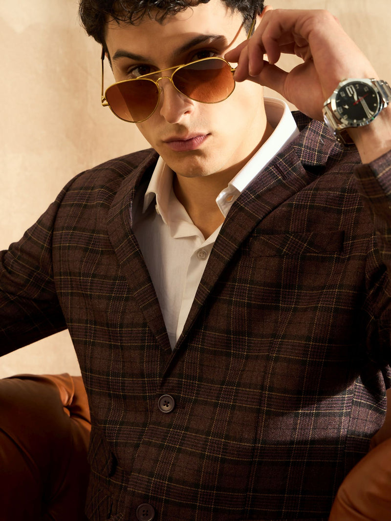 DENNISON Men Wine Checked Single Breasted Blazer