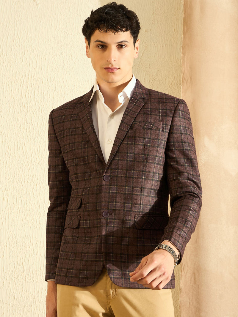 DENNISON Men Wine Checked Single Breasted Blazer