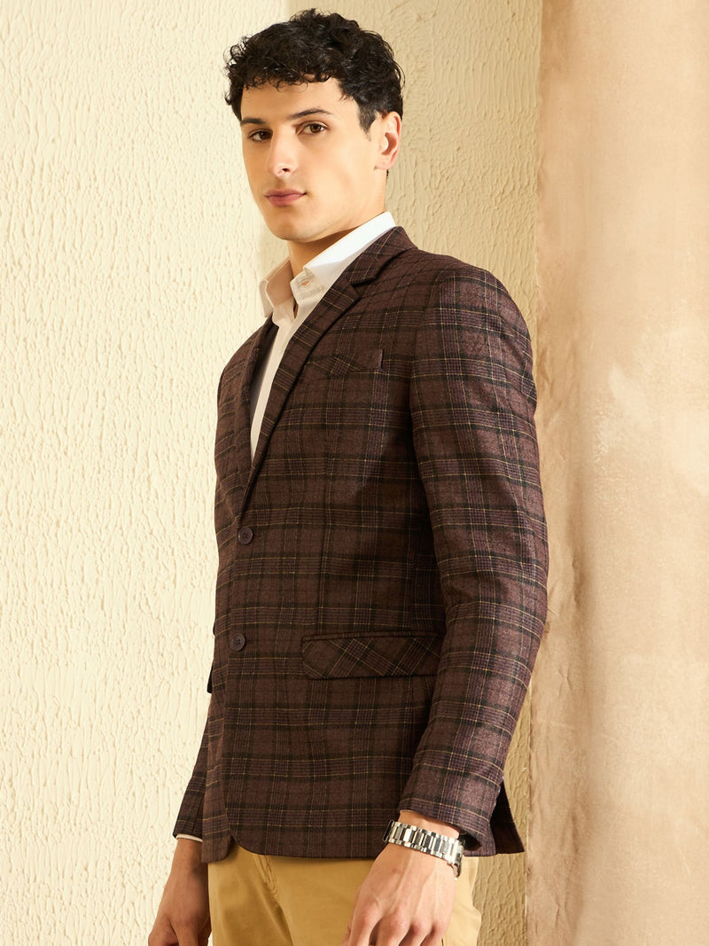 DENNISON Men Wine Checked Single Breasted Blazer