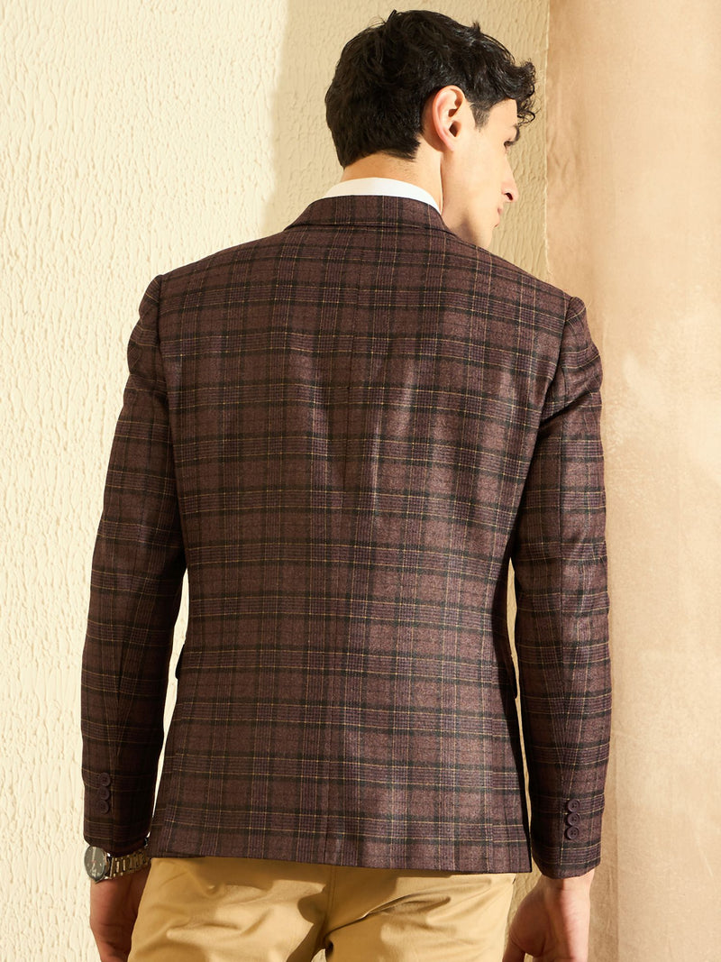 DENNISON Men Wine Checked Single Breasted Blazer