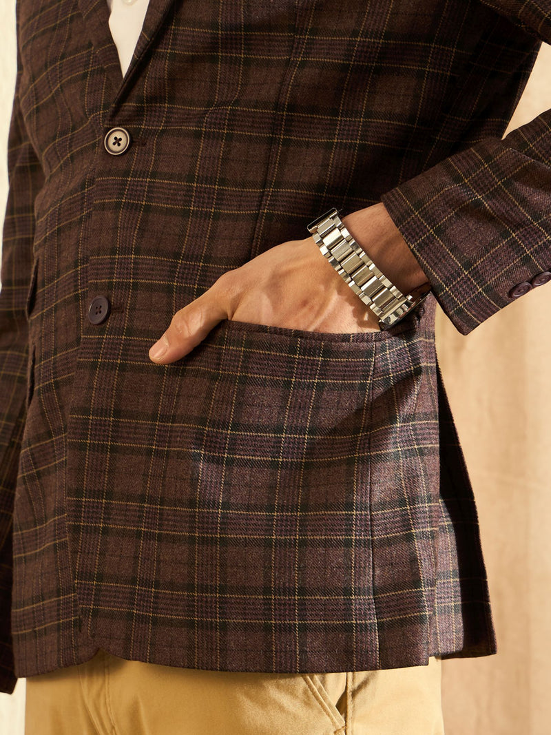DENNISON Men Wine Checked Single Breasted Blazer