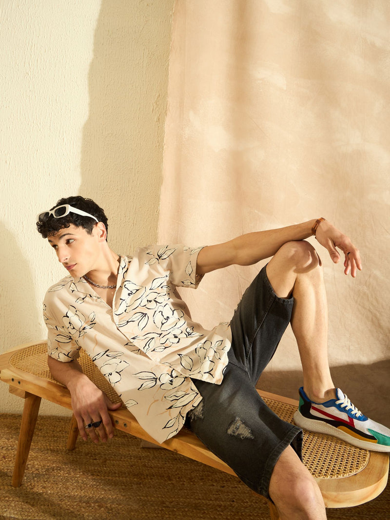 Cream & Black: Block Printed Half Sleeve Shirt