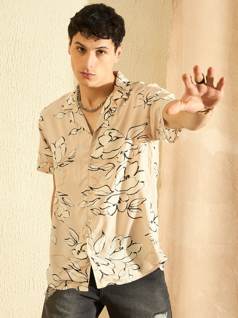 Cream & Black: Block Printed Half Sleeve Shirt