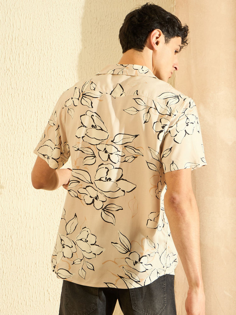Cream & Black: Block Printed Half Sleeve Shirt