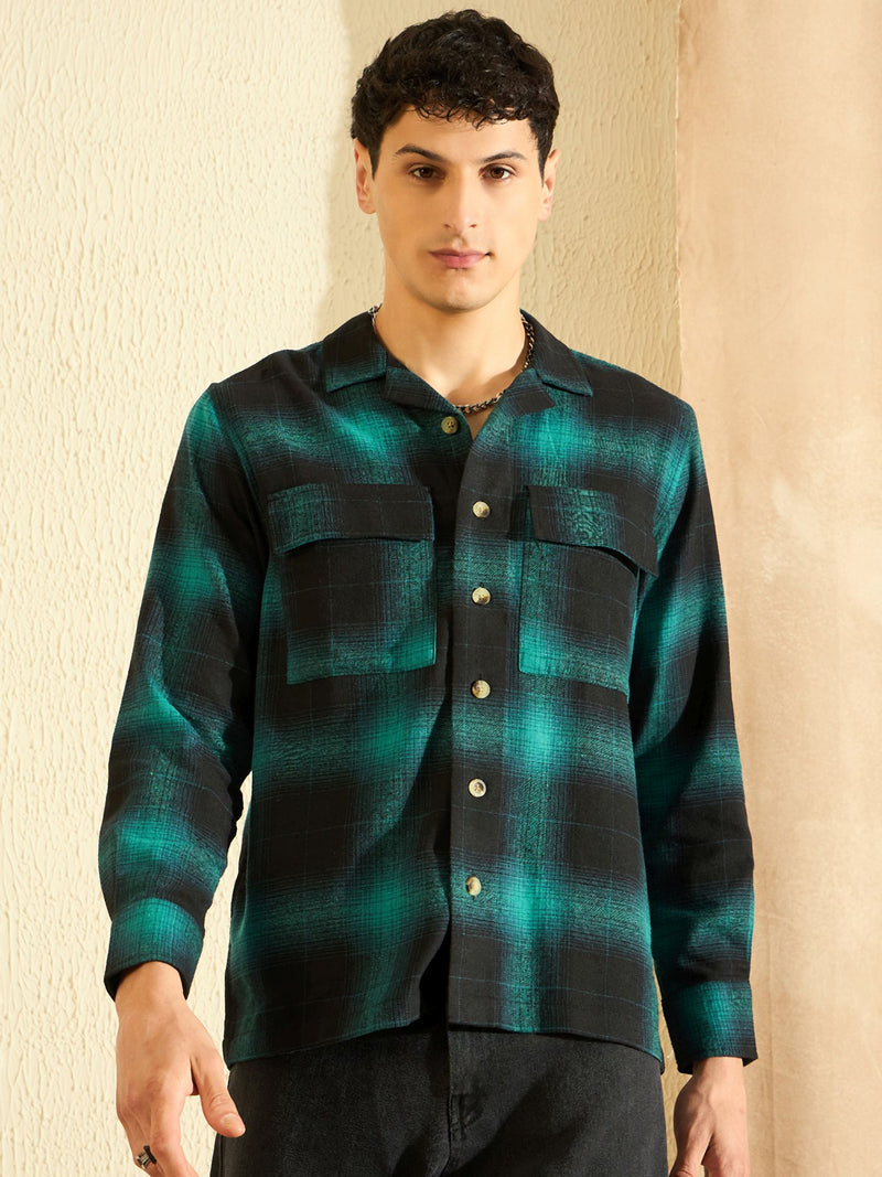DENNISON Oversized Turquoise blue & black double pocket checked Shirt