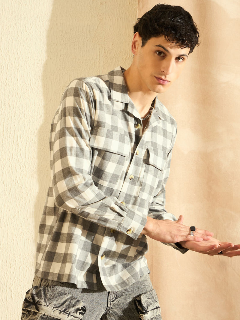DENNISON Oversized White & Grey checked double pocket checked Shirt