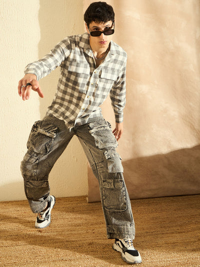 DENNISON Oversized White & Grey checked double pocket checked Shirt