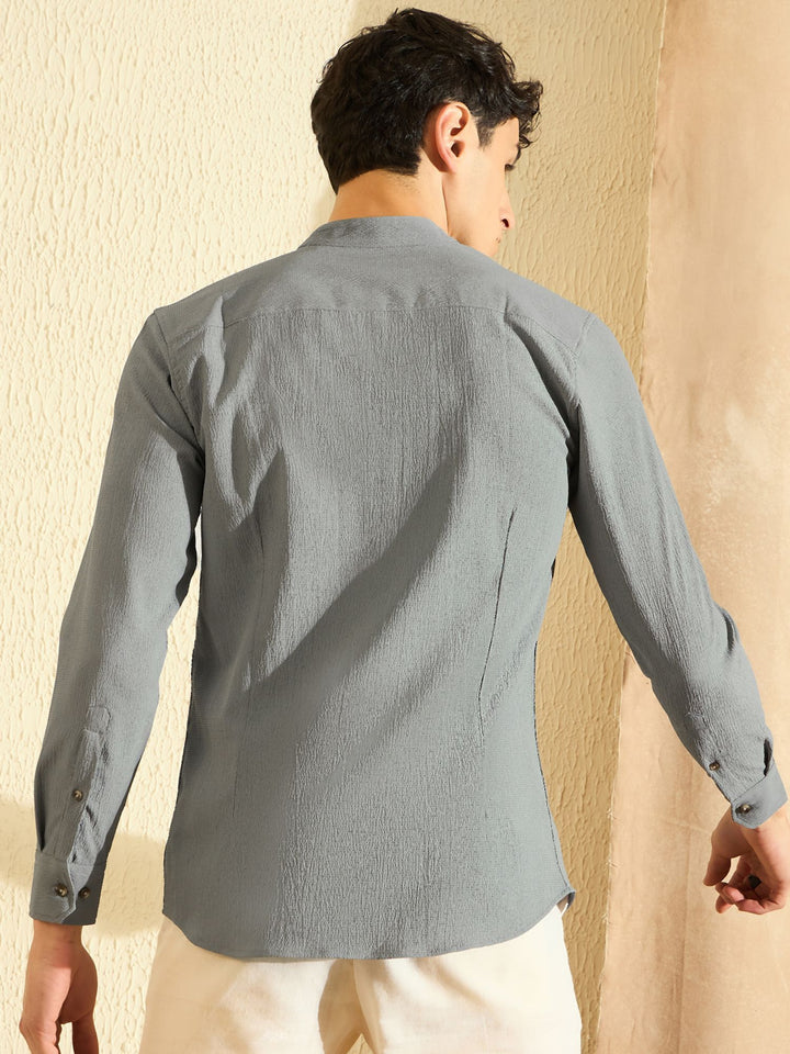 DENNISON Grey Mandarin Collar Casual Shirt