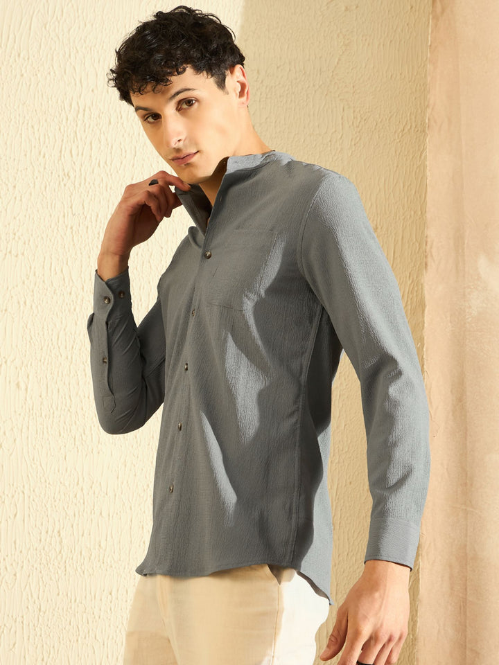 DENNISON Grey Mandarin Collar Casual Shirt