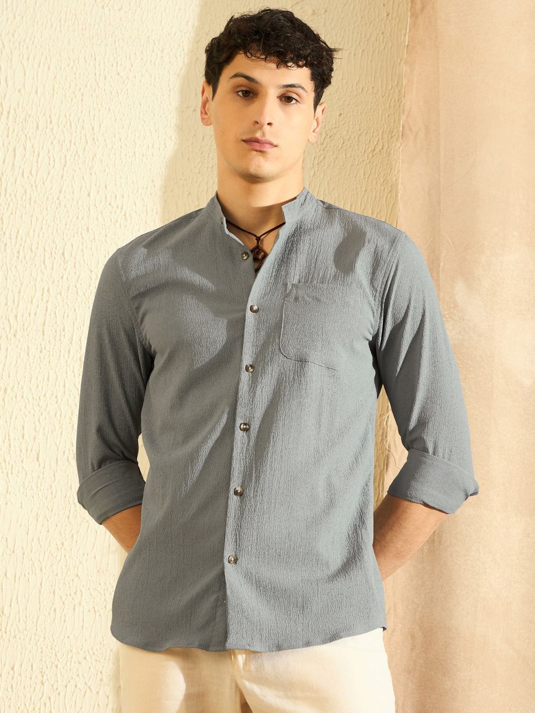 DENNISON Grey Mandarin Collar Casual Shirt