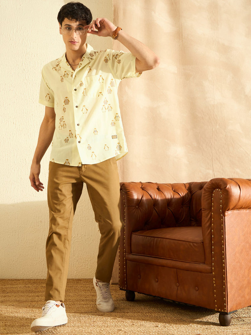 DENNISON Men Cream-Coloured Block Printed Shirt