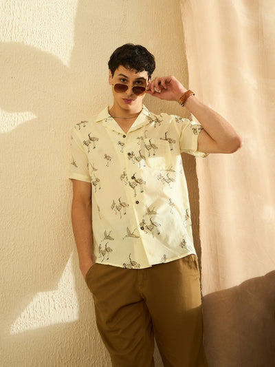 DENNISON Men Cream-Coloured Block Printed Shirt