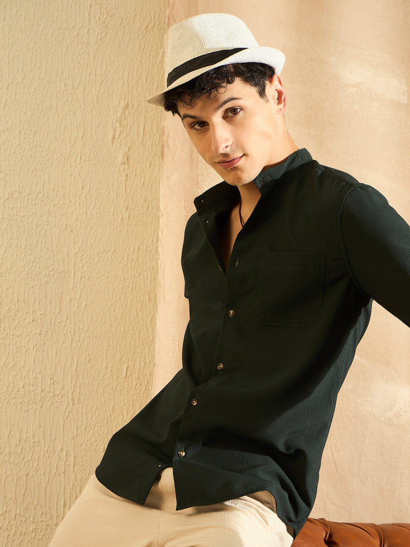 DENNISON Olive Green Mandarin Collar Casual Shirt