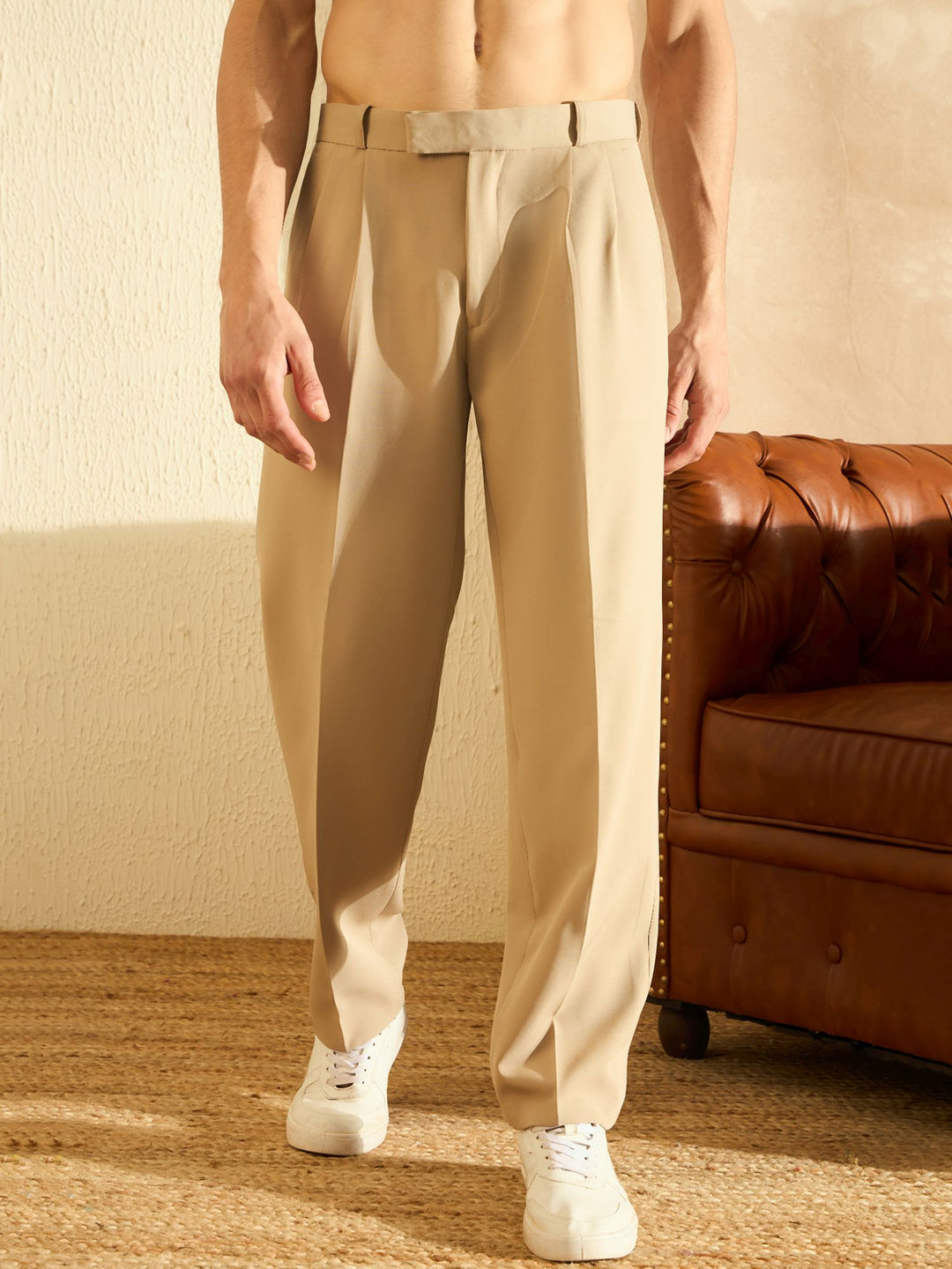 Men's Beige Korean Baggy Loose Fit Trouser