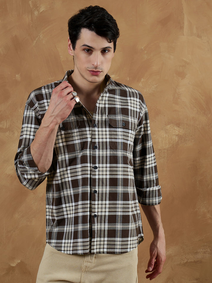 Brown & White: Oversized Checkered Shirt