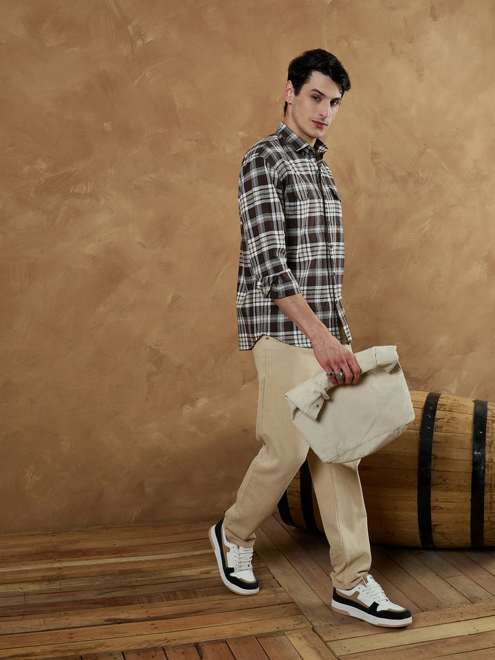 Brown & White: Oversized Checkered Shirt