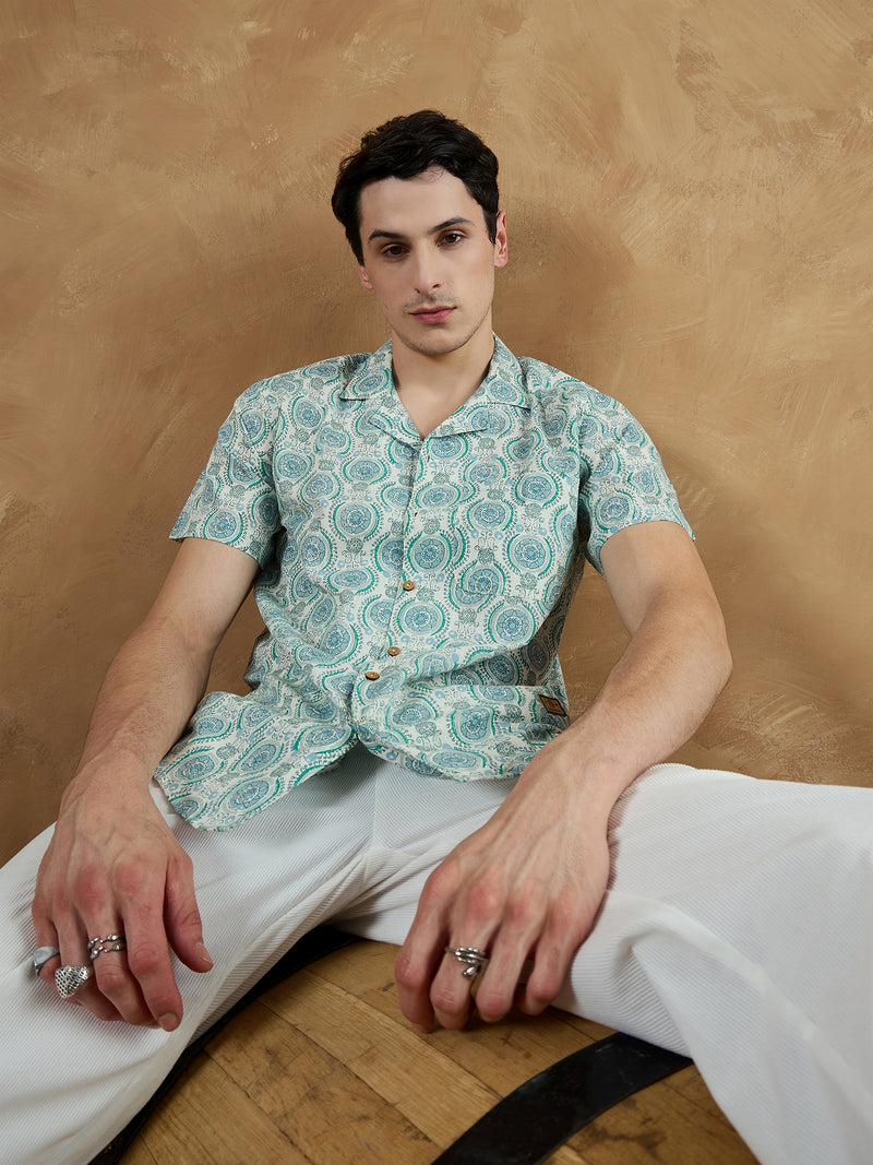 White: Half Sleeves Block Printed Shirt