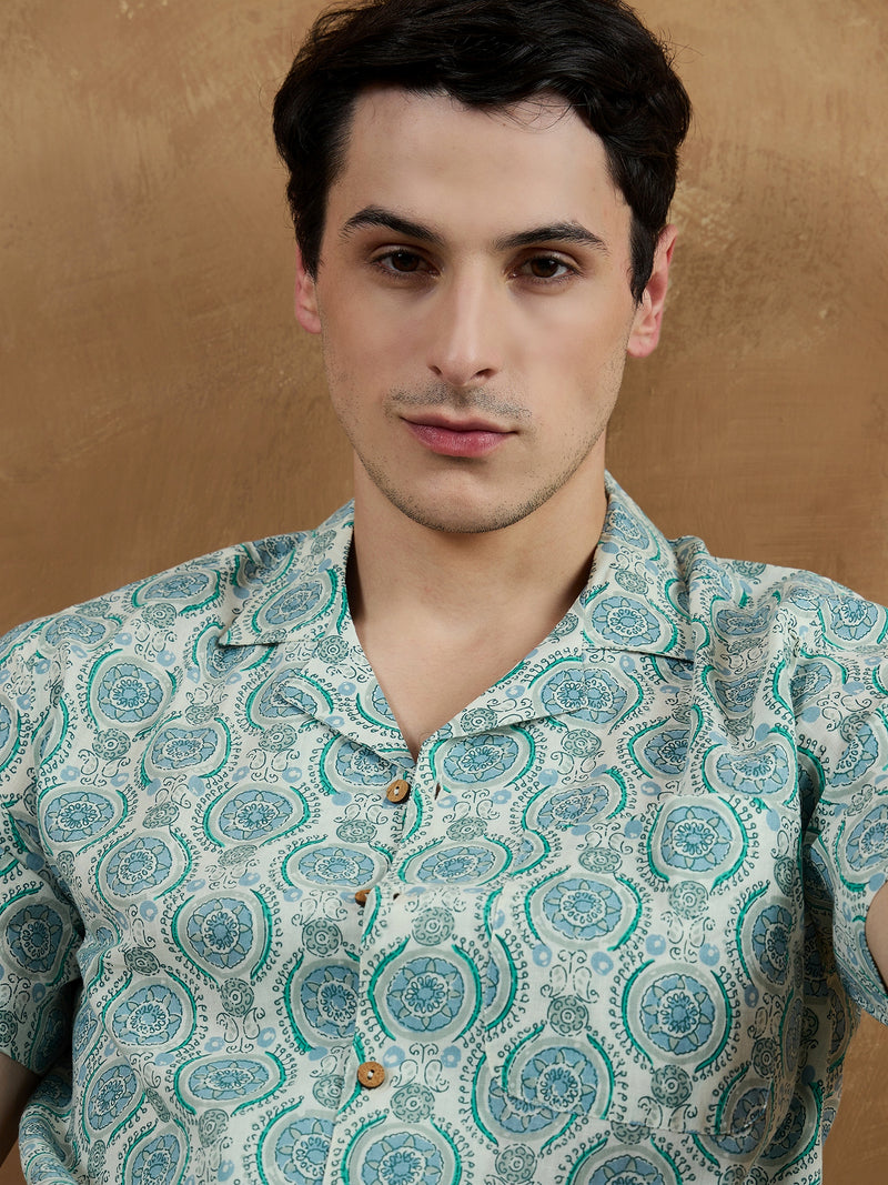 White: Half Sleeves Block Printed Shirt