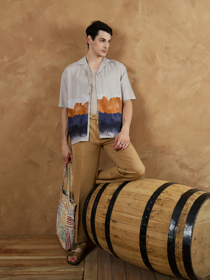 Cream & Blue: Oversized Placement Printed Shirt