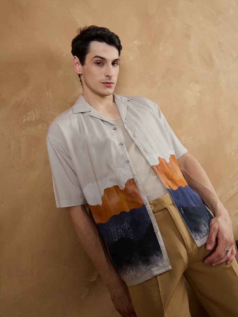 Cream & Blue: Oversized Placement Printed Shirt