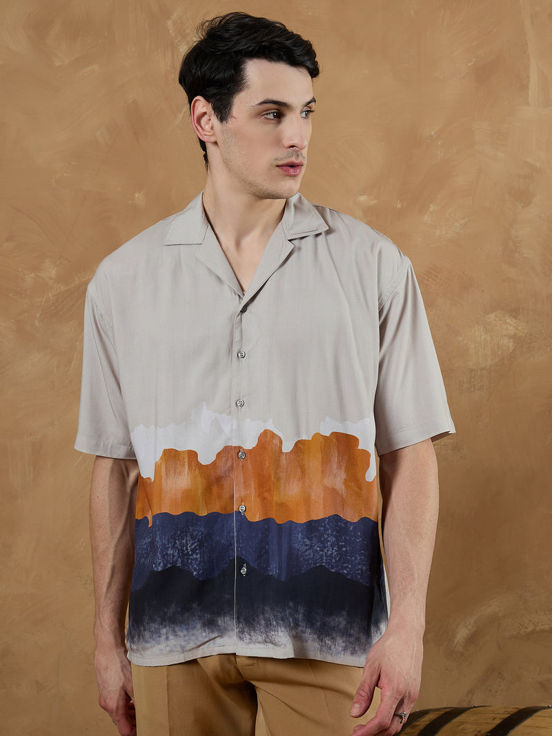 Cream & Blue: Oversized Placement Printed Shirt