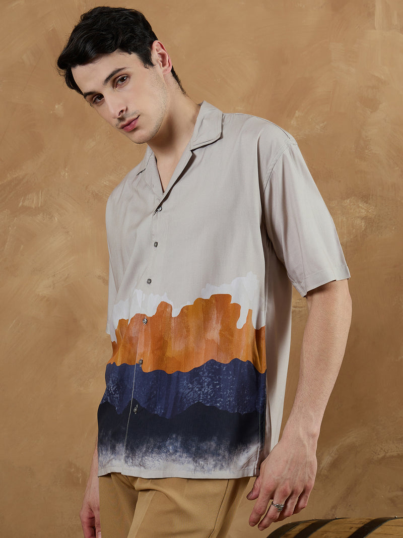 Cream & Blue: Oversized Placement Printed Shirt