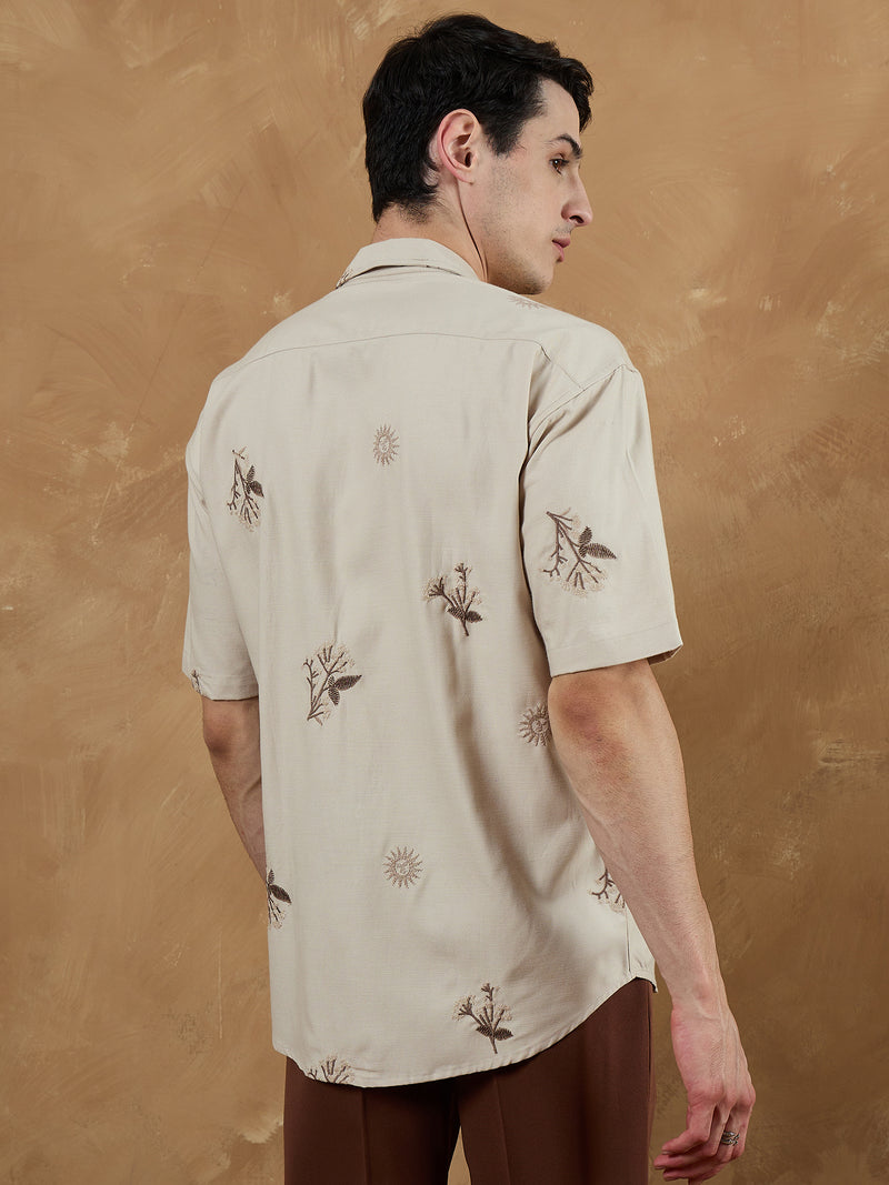 Beige: Half Sleeves Embroidered Shirt