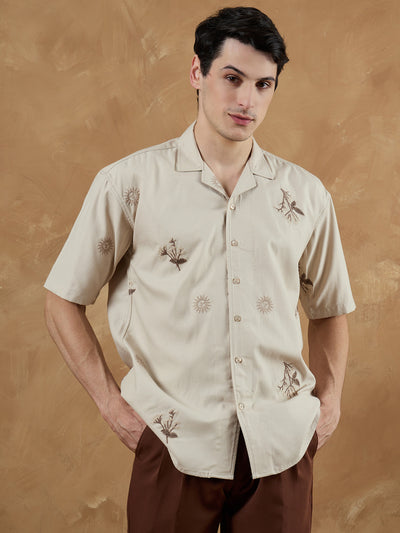 Beige: Half Sleeves Embroidered Shirt