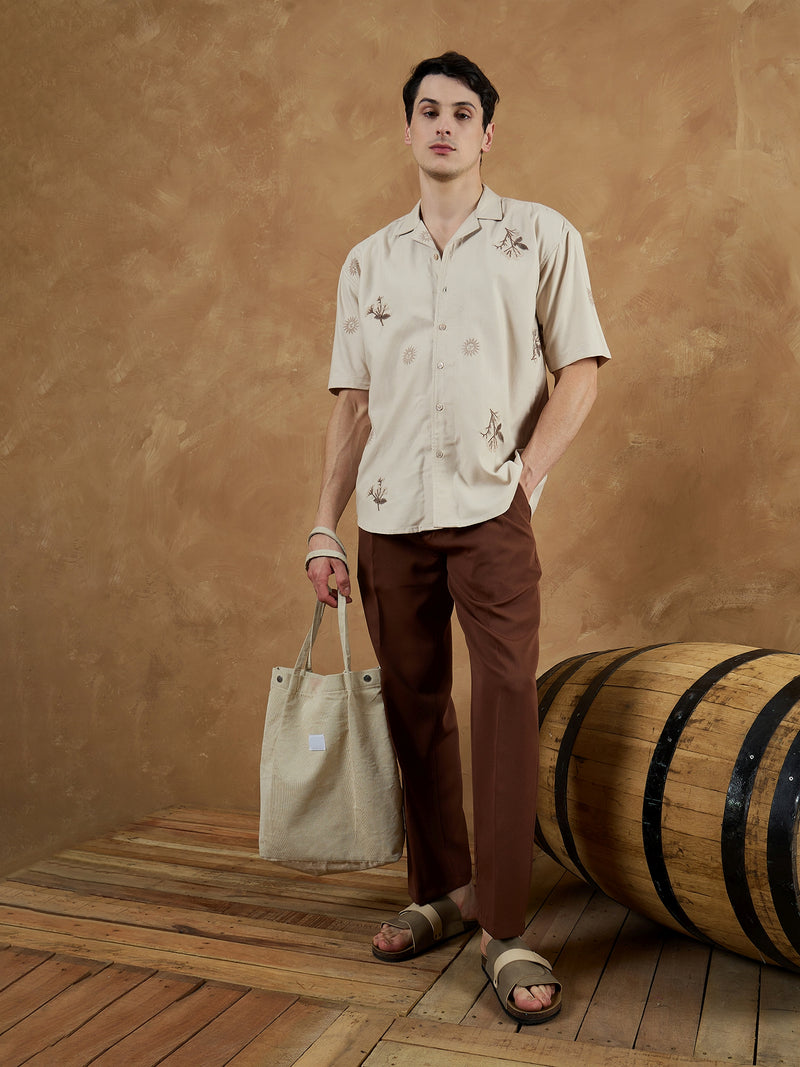 Beige: Half Sleeves Embroidered Shirt