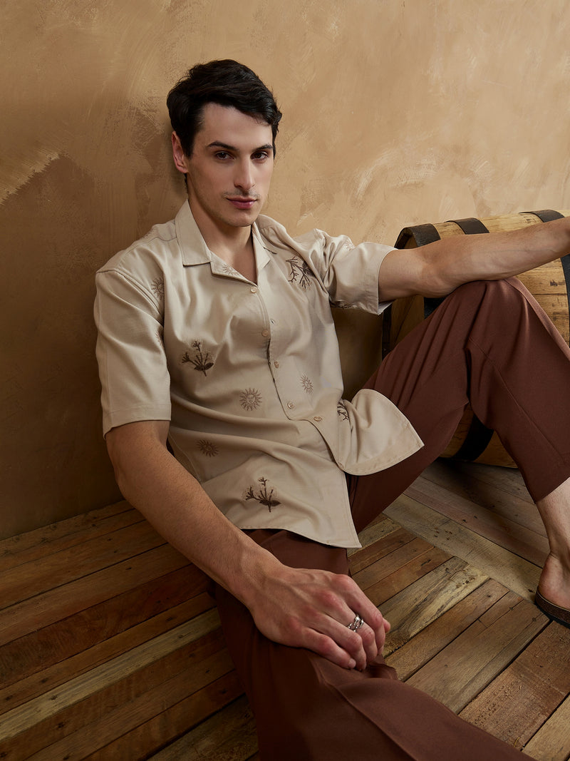 Beige: Half Sleeves Embroidered Shirt