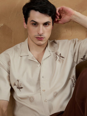 Beige: Half Sleeves Embroidered Shirt